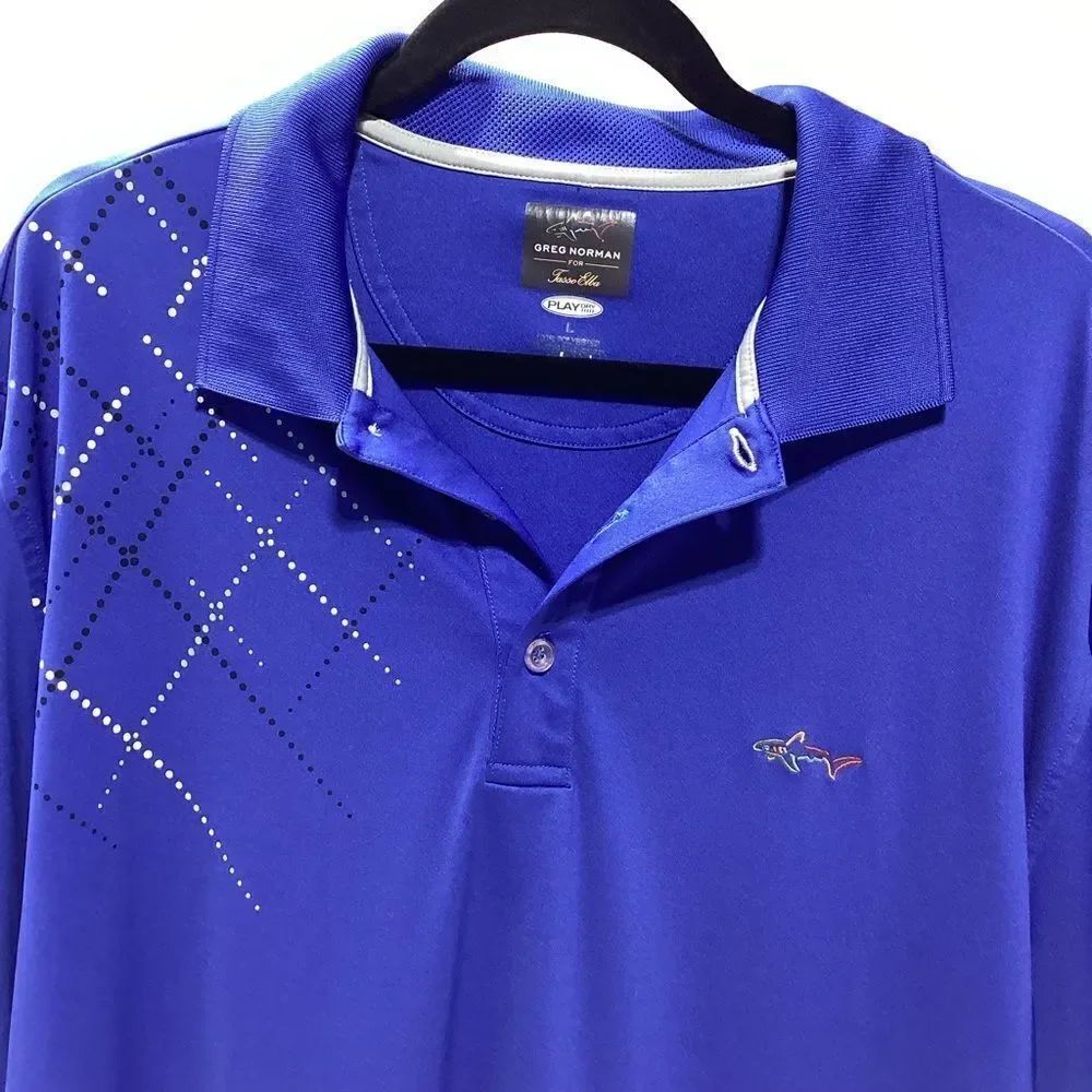 Greg Norman For Tasso Elba Blue Polo Golf Shirt Shark Logo